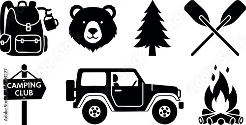 Camping adventure icons with backpack bear tree paddles jeep fire camp sign vector illustration