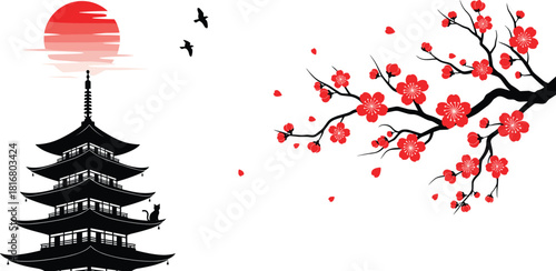 Japanese pagoda silhouette, red sun, cherry blossom, cultural illustration, traditional architecture, flying birds, sitting cat, brushstroke style, black and white, vibrant red, Asian heritage