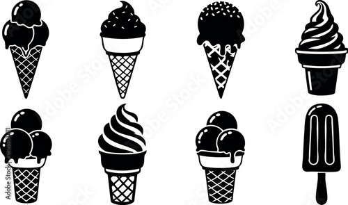 Ice cream cone and popsicle vector set with scoops and swirl in black silhouette style