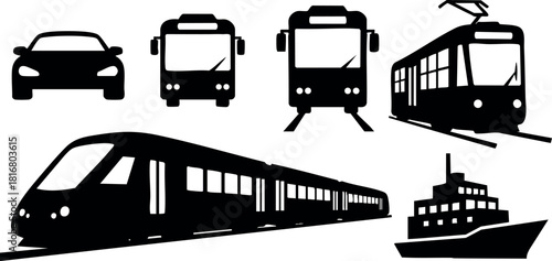 Various black silhouette transport vehicles car bus train tram ship vector illustration