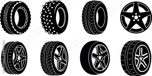 Car tires and wheels set with different tread patterns and rim designs vector illustration