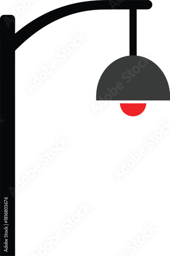 A minimalist black street lamp with a grey bell shaped shade and a red light bulb on a clean white background representing urban lighting and design