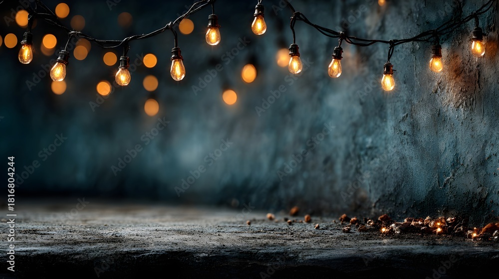 Obraz premium Warm string bulbs hanging over a dark textured wall with bokeh, empty concrete tabletop and cozy festive mood rustic loft background with copy space.