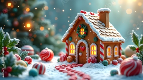 Whimsical gingerbread house in snowy winter wonderland with christmas tree and ornaments