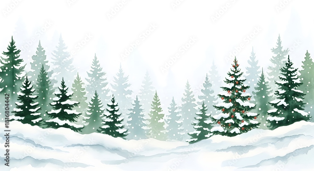 Fototapeta premium Watercolor illustration of a serene winter forest landscape with snowcovered pine trees and a misty background, ideal for holiday designs, isolated on white background