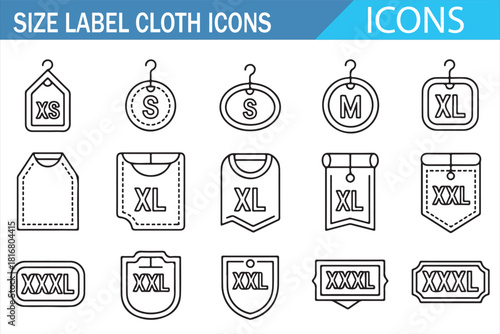 Fabric label and size tag icons in clean linear style for apparel graphics