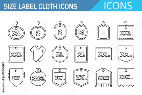 Minimalist line icons of apparel size labels for textile and fashion branding