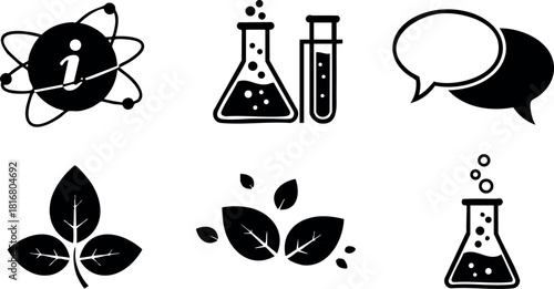 Science icons vector set with atom flask test tube chat leaf symbols for research and nature concepts