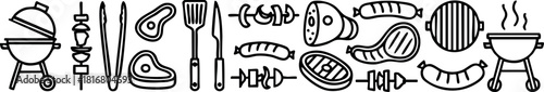 Barbecue grill meat knife fork sausage steak fish skewer line art vector illustration
