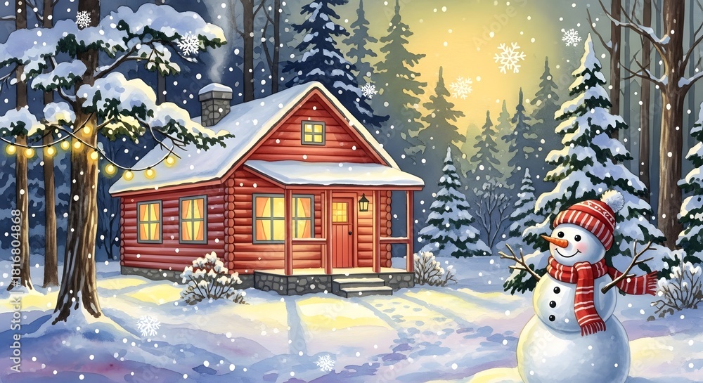 Obraz premium Winter scene with a cozy cabin, festive lights, and a snowman in a snowy forest snowflakes fall as a warm glow illuminates the serene holiday landscape