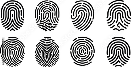 Fingerprint collection set with black lines for identity verification security system authentication vector illustration