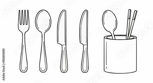 A detailed line art illustration of a cutlery set, featuring a fork, spoon, knives, and chopsticks in a holder, isolated on a white background