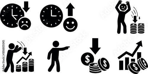 Financial growth decline icons economic success failure money coins profits losses vector illustration