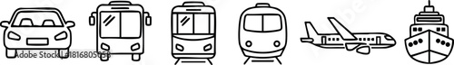 Transport icons set with car bus tram train airplane and ship vector illustration