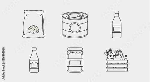 Line art vector illustrations of pantry staples food essentials for the kitchen