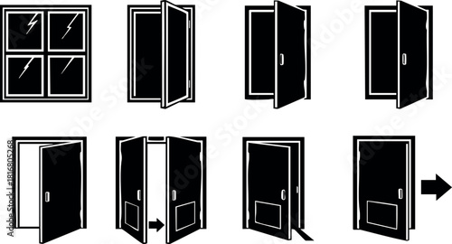 Black and white window and door icons set simple outline style vector illustration