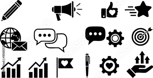 Business communication marketing social media icons vector set with target and growth symbols