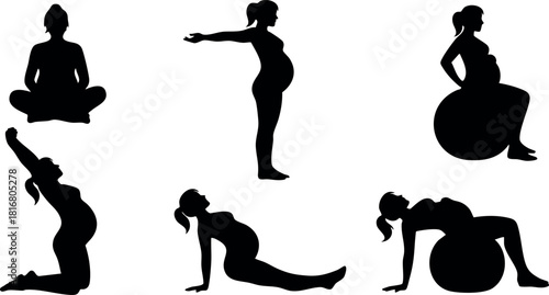 Pregnant woman yoga poses silhouette set exercise relaxation and meditation vector illustration