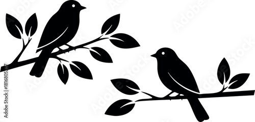 Two black silhouette birds sitting on leafy branches vector illustration nature design art
