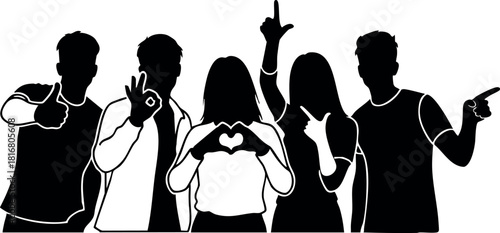 Group of five people making hand gestures silhouette vector illustration isolated