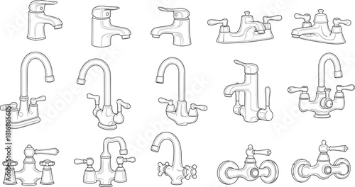 Faucet design collection, modern fixtures, plumbing hardware, spout styles, handle types, interior detail, bathroom, kitchen, water tap, sink fitting, dual handle, single handle, high ar