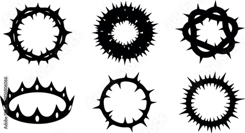 Set of six black thorn crown silhouettes vector illustration isolated on white background