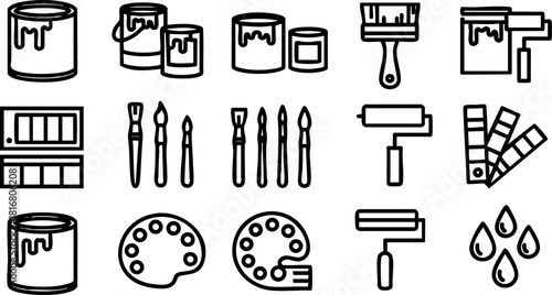 Paint cans brushes rollers palettes color swatches vector line art icons set
