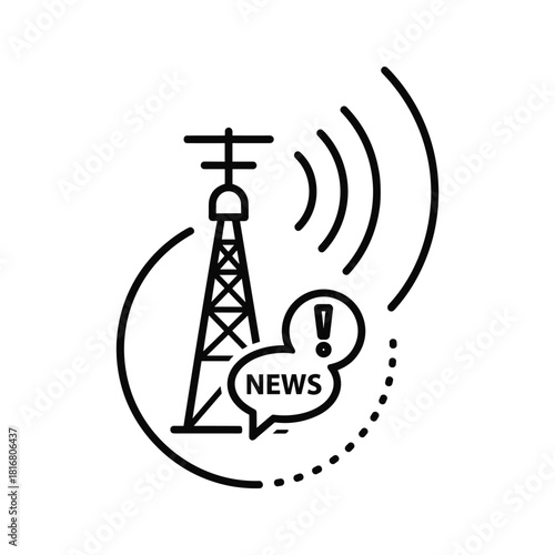 Black and white line icon of a broadcast tower transmitting news signal with exclamation mark, isolated on