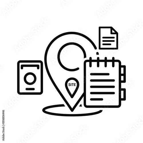 Black and white icon representing site inspection, location tracking, documentation, and mobile data collection for business or field work