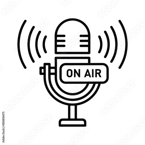 Simple line art icon of a vintage broadcast microphone with an on air sign and sound waves, isolated on