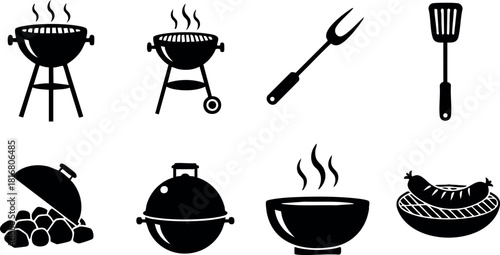 Barbecue grill utensils sausage cooking food black silhouette vector icons set