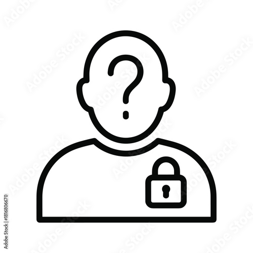 Outline icon of an anonymous user profile with a question mark head and a padlock on the chest, isolated on