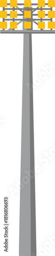 A tall grey pole with a cluster of bright yellow stadium lights at the top isolated on a clean white background symbolizing illumination and outdoor events