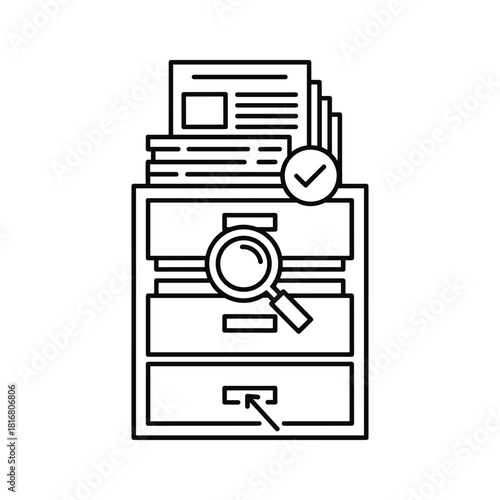 Line art icon of a filing cabinet with documents, magnifying glass, and check mark representing document management and search