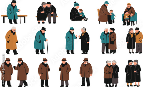 Elderly people illustration, winter clothing, senior companionship, aging lifestyle, walking, sitting, caregiving, community, cold weather, coats, scarves, hats, social interaction