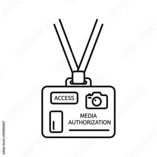 Black and white line art icon of a media authorization badge or press pass hanging from a lanyard, isolated on