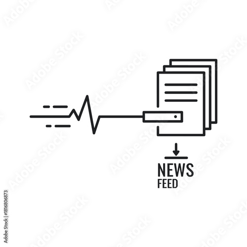 Line art icon representing data stream or signal processing feeding into a stack of documents labeled news feed