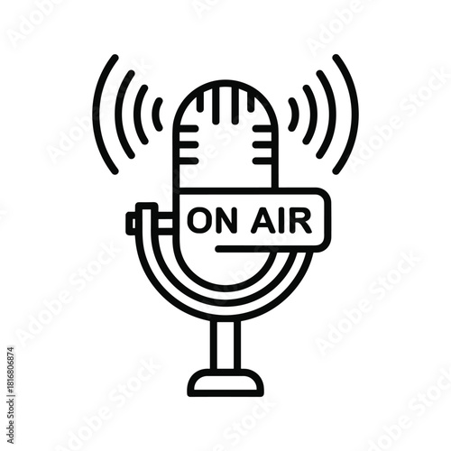 Line icon of a vintage microphone with an on air sign and sound waves, isolated on