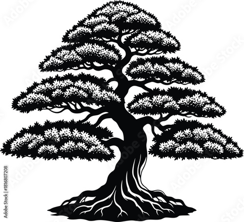 Stylized black and white illustration of a traditional japanese bonsai tree with a thick trunk and dense foliage, isolated on