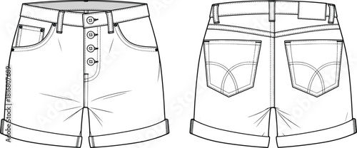 Denim shorts fashion sketch, high-waisted design, button fly, rolled hems, front and back view, technical illustration, garment template