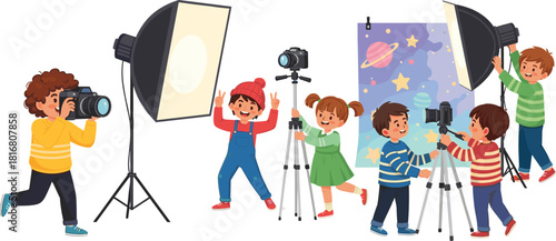 Children photography activity, space theme, studio setup, softbox lights, tripod, camera gear, planets backdrop, teamwork, educational scene, kids photo shoot, fun