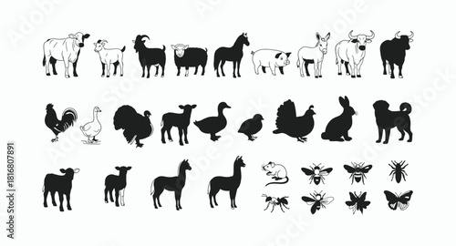 Farm Animals and Insect Silhouette Icons Set