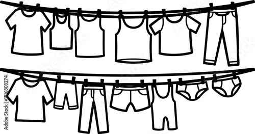 Clothes hanging on laundry lines drying in fresh air daily routine household chores vector illustration