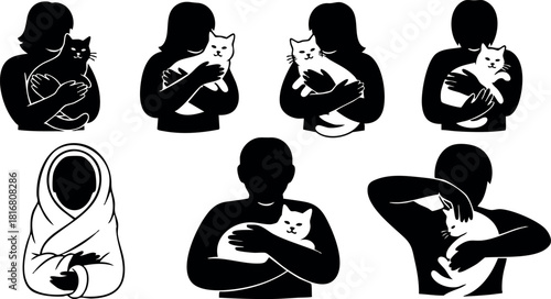 Silhouettes of person holding cat in various poses vector illustration simple black design