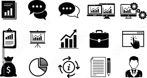 Business and finance icons set with charts graphs briefcase and communication symbols vector illustration