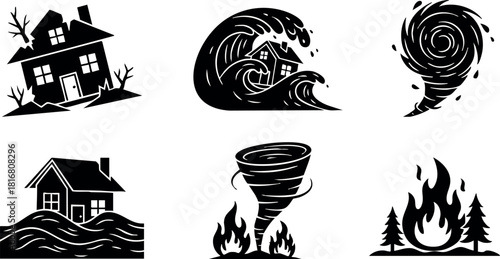 Natural disaster icons set with house flood wave tornado fire forest black silhouette vector illustration