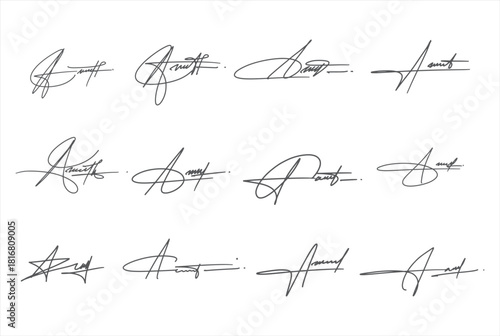 Vector set of fictitious handwritten A signatures –
 abstract ink autograph scribbles, 
facsimile calligraphy lines and cursive signature designs for documents