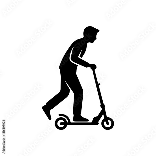 Black silhouette of a person riding a kick scooter. Minimal vector icon style and clean smooth shape. Ideal for urban mobility and recreation themes.