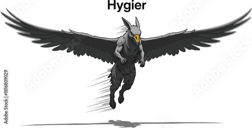 Fantasy creature Hygier, winged humanoid, bird head, muscular body, mid-flight, landing motion, mythical character, transformation, power, beak, shadow, bold text
