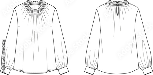 Blouse fashion sketch, front and back view, ruffled collar, puffed sleeves, keyhole back, technical illustration, garment design, apparel